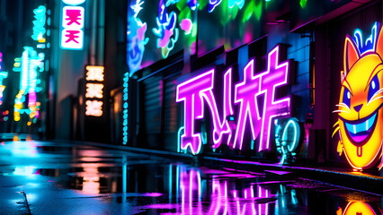 Obraz premium Japanese Graffiti on street wall neon light street art by night Generative Ai