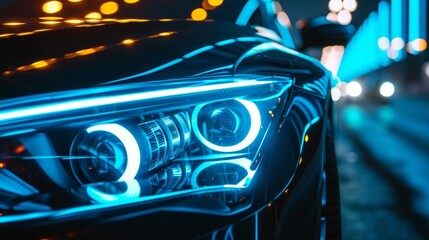 A closeup shot of a cars headlights with an intricate laser pattern creating a mesmerizing light display when turned on.