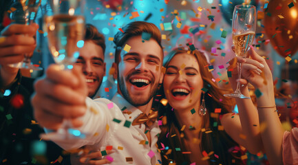 Fototapeta na wymiar Group of elegant young people having Fun in motion throwing colorful confetti while dancing and toasting glasses of wine together, employees clinking glasses with champagne surrounded by confetti