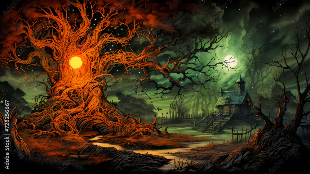 Wall mural Magical dark fairy tale forest at night with old scary tree