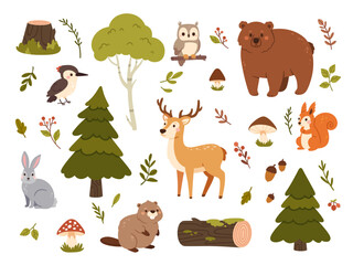 Wild forest animals. Bear, squirrel and deer, beaver and hare, woodpecker and mushrooms, fir tree and birch, berries. Cute baby woodland animal vector set