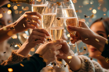 People clinking glasses with champagne surrounded by confetti, Friends toasting wine glasses and cheering together, Close-up view of glasses of clinking Champagne, People holding wine glasses on hand