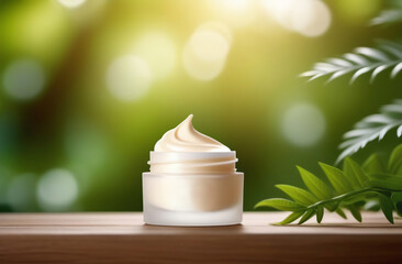 Cosmetics white blank jar on natural green lush background. One of eco bio face cream bottle, gel, serum or toner mock up, marketing promotion, branding. Shelf with beauty products ad, skin care oil.
