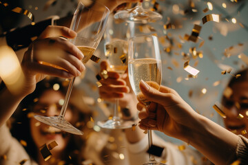 People clinking glasses with champagne surrounded by confetti, Friends toasting wine glasses and cheering together, Close-up view of glasses of clinking Champagne, People holding wine glasses on hand