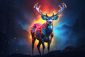 deer with red blue smoke background