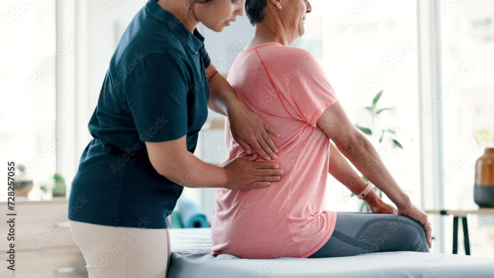 Canvas Prints Physical therapy, back massage and chiropractor with senior woman in medical office at clinic. Rehabilitation, patient and physiotherapist helping elderly female person healing muscle pain of injury.