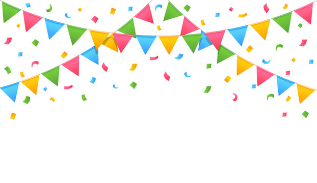 Celebration buntings flag. Decorative pennants hanging for birthdays, weddings or festive occasion. Banner with garlands and confetti. Vector illustration