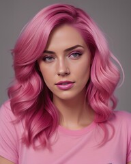 Portrait of a beautiful woman model pink hair and t-shirt