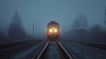 Footage of a trains powerful headlights ting through the fog on a railway track emphasizing the...
