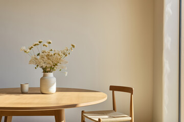 
A dining area with a basic wooden table and chairs, adorned with a single vase of flowers in a minimalist setting