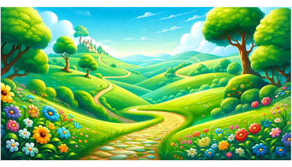Bright and cheerful storybook illustration of a scenic path through rolling hills, surrounded by a colorful floral display, capturing the essence of adventure.
Generative AI.
