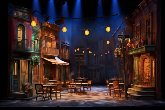 an empty stage set for an urban street scene, in the style of theatrical lighting, vibrant airy scenes