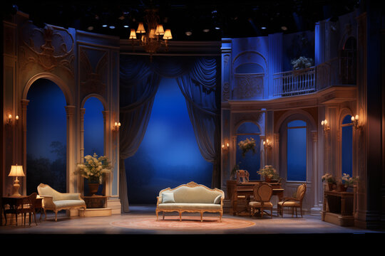 an empty stage set for a mansion scene, in the style of theatrical lighting, vibrant airy scenes