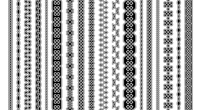 Celtic seamless borders. Antique border frames with braid pattern and celtic knots. Braided Irish ornaments, St Patricks Day card decoration. Vector isolated set