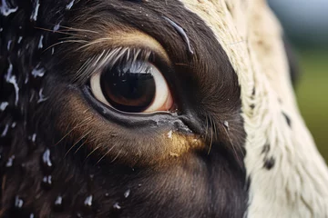 Zelfklevend Fotobehang Close-up of a wet and textured cow eye against a rural background © Hanna Haradzetska