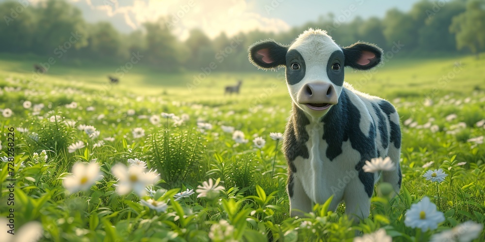 Poster cow in the field a cute and creative image for adobe stock generative ai