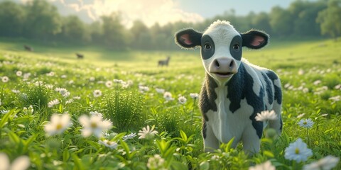 Cow in the Field A Cute and Creative Image for Adobe Stock Generative AI - obrazy, fototapety, plakaty