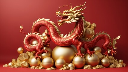 3D Chinese dragon podium for Lunar New Year 2024 celebrations.