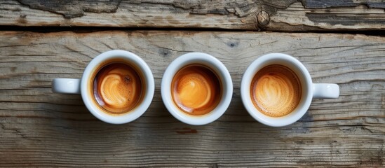 Fototapeta na wymiar Perfectly Set Flat Lay of Three Espresso Coffee Cups