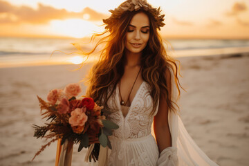 Fototapeta na wymiar Photo of a 26-year-old Latina bride in a bohemian wedding dress, standing on a beach at sunset