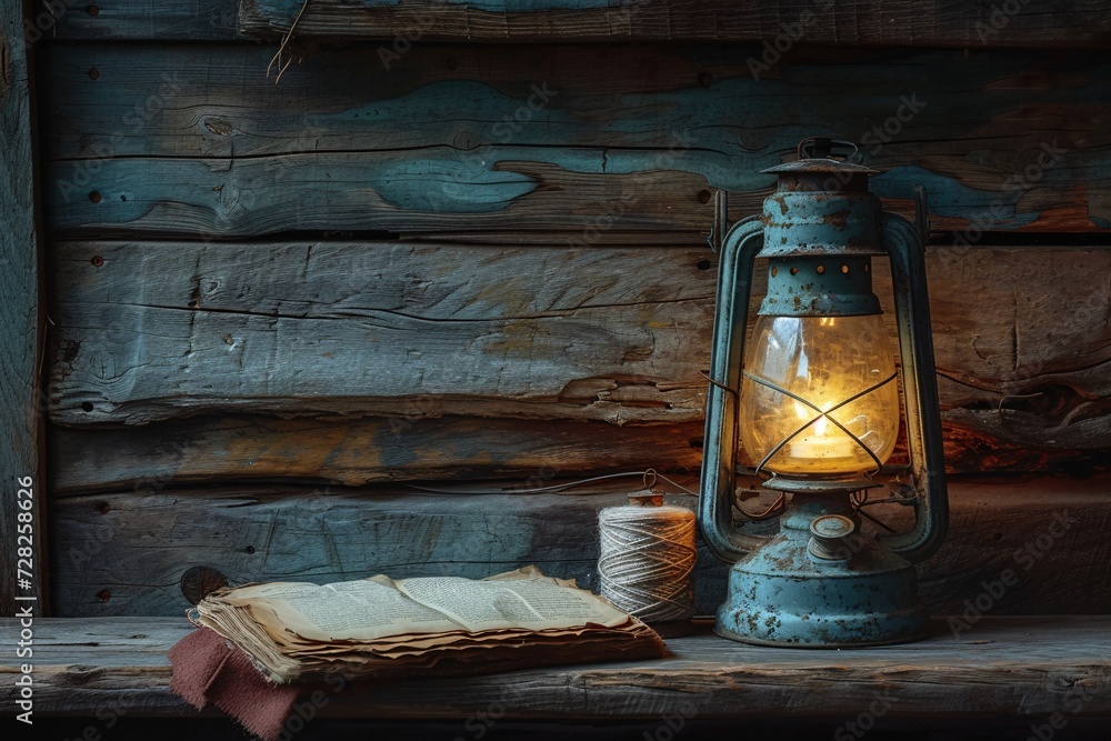 Aufkleber a rustic lamp with a book and yarn generative ai