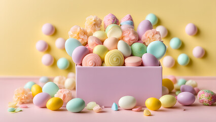 Obraz premium Spring color Easter candies arranged in a thoughtfully decorated setting, such as a cute candy box or ornament, blank space for text or product.