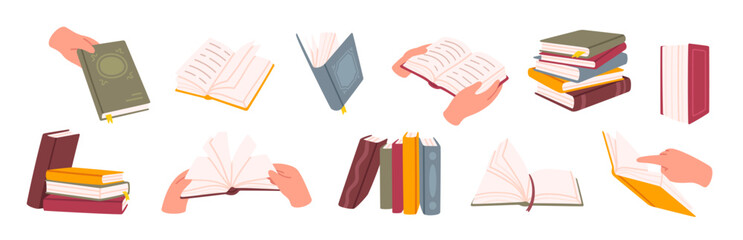 Reading books. Readers hands holding book, textbook with bookmarks. Open notebook and literature stack, diary. Library interior, education isolated elements vector set