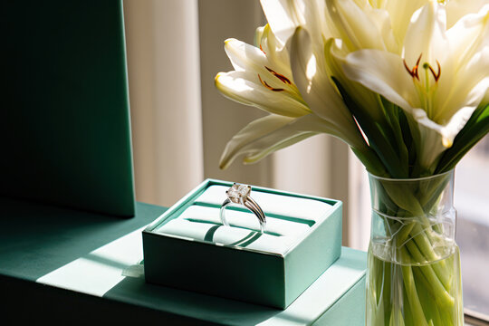 Platinum ring with a large emerald, in an open minimalistic gift box, next to lilies, on a glass side table