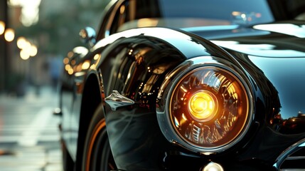 The smooth and sleek gl lens of a clic cars headlight captures the light and reflects it back...