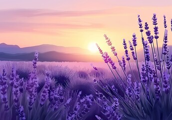 Naklejka premium Expansive field of vibrant purple lavender under picturesque sunset capturing essence of summer in Provence scenic landscape is filled with aroma and beauty of blooming lavender