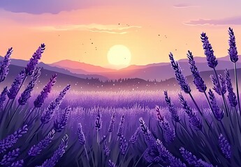 Expansive field of vibrant purple lavender under picturesque sunset capturing essence of summer in Provence scenic landscape is filled with aroma and beauty of blooming lavender