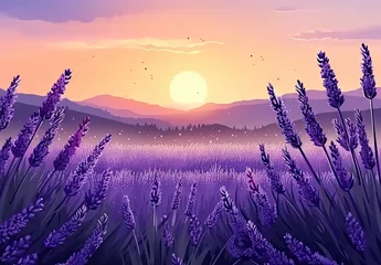 Muurstickers Expansive field of vibrant purple lavender under picturesque sunset capturing essence of summer in Provence scenic landscape is filled with aroma and beauty of blooming lavender © Thares2020