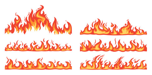 Cartoon fire borders. Flame frame, blazing dividers, hot flaming banners. Wildfire campfire and ignite elements, fire trail and flammable border isolated vector set © Foxy Fox