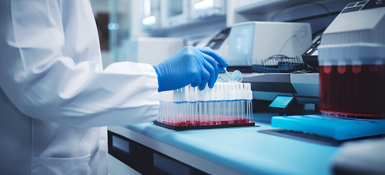 Scientist wA professional lab technician is shown analyzing blood samples, set in a laboratory environment, with ample space for textual content, ideal for medical and scientiforking at the laboratory