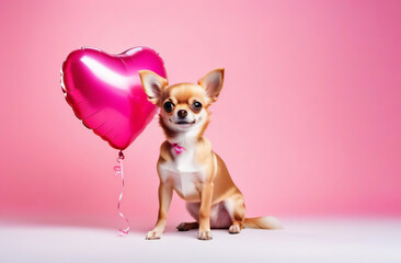 Charming puppy chihuahua with pink heart shaped balloon on a solid color background. Banner, copy space for text. Valentine's Day Gift. Funny Valentines animal, love, wedding. Greeting card, postcard