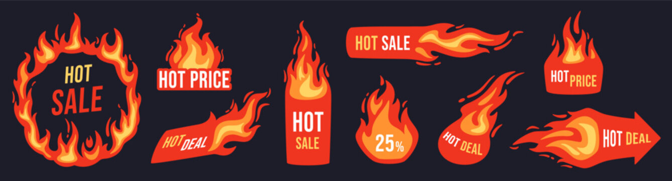 Hot sale badges. Flaming deal banner, hot discount price label and promotional offer tag with fire frame. Store sale sticker, shopping exclusive burn price vector flyer