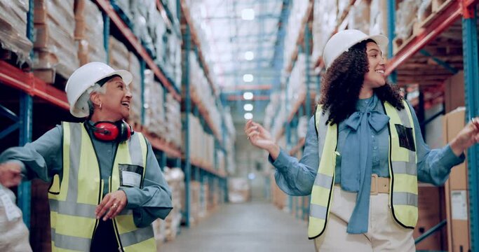 Women, warehouse and workers dancing in storage factory for inventory distribution, inspection or quality control. Female people, happy and package for e commerce shipping or export, cargo or courier