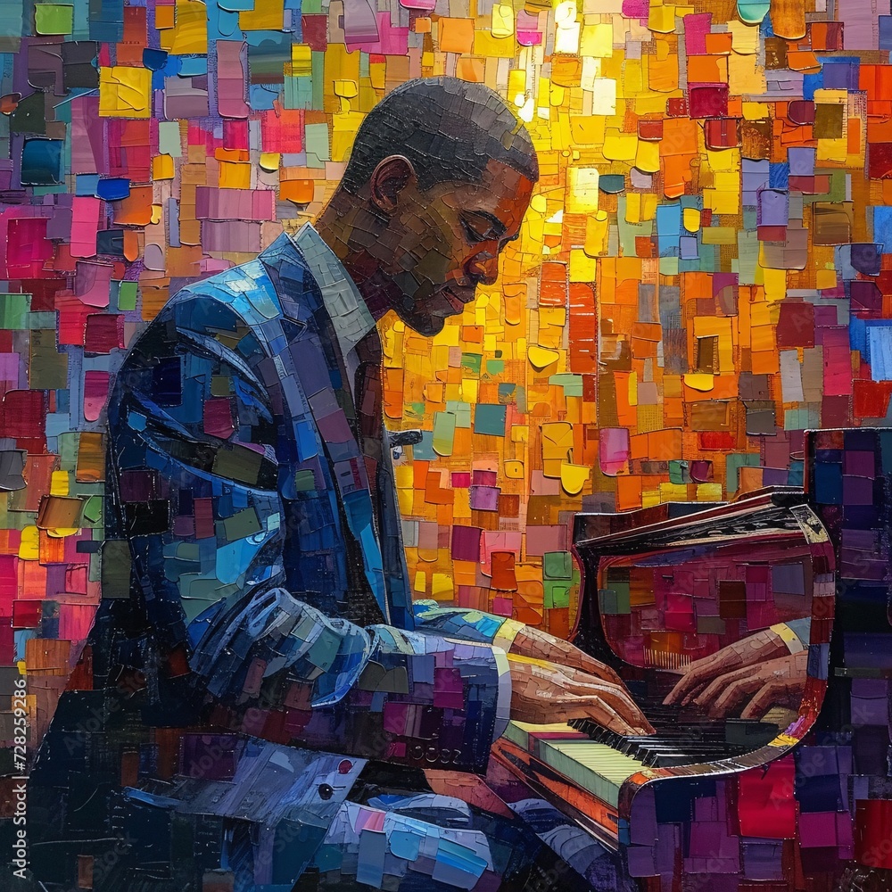 Poster jazzing up the piano a colorful portrait of a man playing the keys generative ai