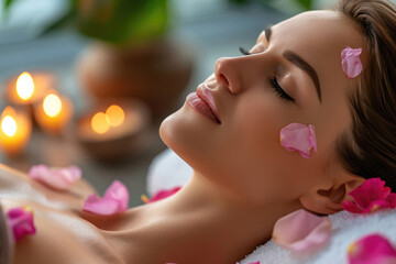 Woman at spa is immersed in tranquil atmosphere, surrounded by flower petals and aromatic oils. Her face reflects relaxation and self-care.