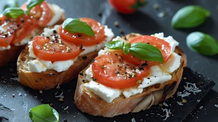 Tomato Basil Mozzarella Toast, Black Surface Table, minimalistic decor 