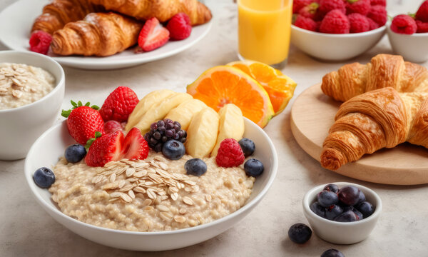 Healthy breakfast. Vibrant photo of table full of fresh fruit, oatmeal and healthy croissants. Balanced diet. Importance of proper nutrition for adults and children.