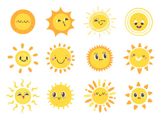 Sun emoji. Cute smiling, winking suns with funny faces. Doodle yellow summer sun. Vector solar summer symbols isolated set - obrazy, fototapety, plakaty