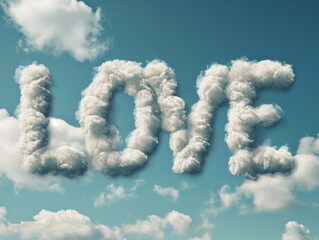 Cute St. Valentines Day postcard. Word "Love" is written with clouds in blue sky