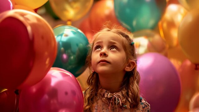A girl looking up surrounded by multicolored balloons
