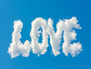 Cute St. Valentines Day postcard. Word "Love" is written with clouds in blue sky