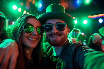 Two diverse friends man and woman enjoying the party in a bar and taking selfie with smart phone. People partying and celebrating St. Patrick's Day at night club.
