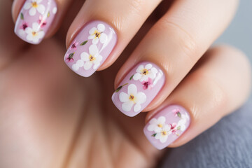 Fingernails with white flowers on pastel violet base nail art design
