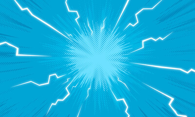 Comic Background With Power Fx/ Illustration of a powerful comics like page layout background with rays and halftone dots on blue