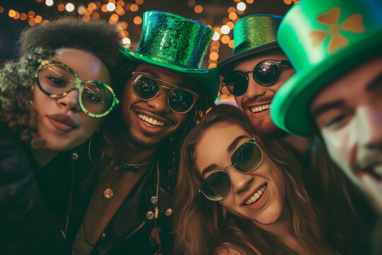 Group of diverse friends happy and enjoying a party in the bar and taking selfie with smartphone. People partying and celebrating St. Patrick's Day at night club.