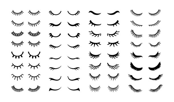 Eyelashes. Cartoon cute girl closed eye with lashes. Woman face makeup, black mascara. Simple beautiful girly sleep cilia line. Unicorn magic lash. Vector set